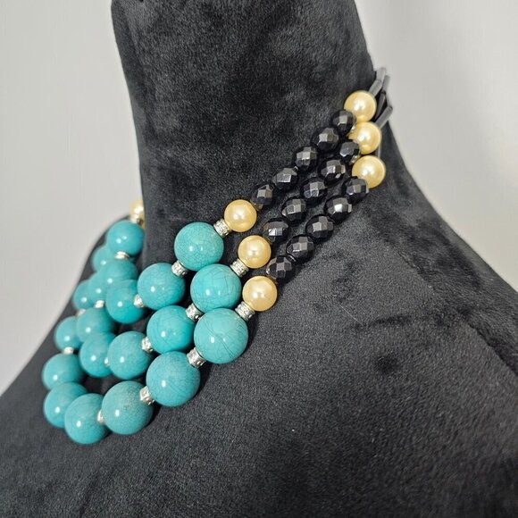 Vintage AVON NRT 3 Strand Retro Faux Turquoise & Pearl Black Bead Necklace - Picture 2 of 5